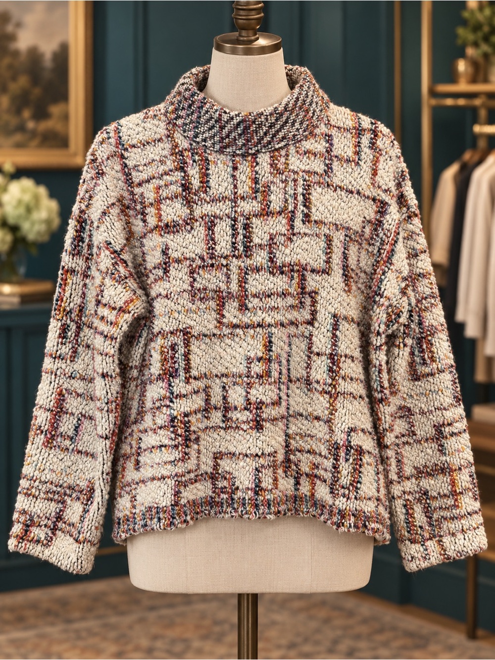 Hunter Bell Cozy Multicolor Patterned mock Neck carpet shag Sweater - Cream
